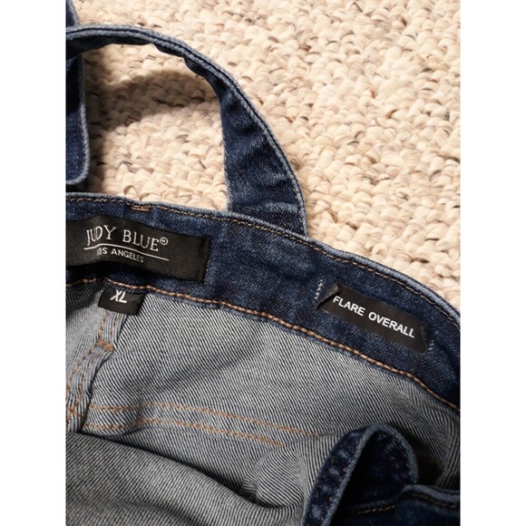 XL Judy Blue Dark Wash Bib Overalls Flare Raw Hem - Picture 7 of 9